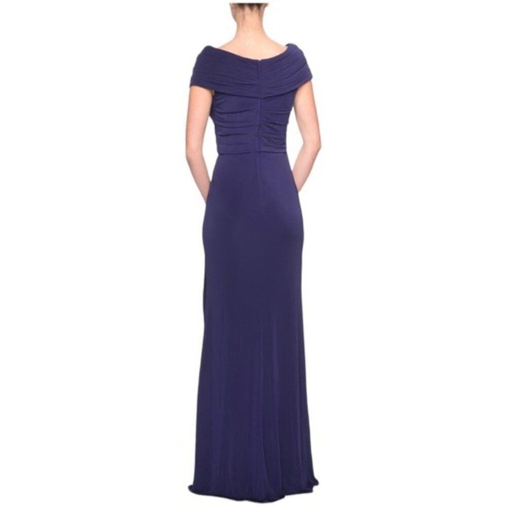 La Femme Ruched Jersey Column Gown in Navy  Size 10 - Picture 3 of 8